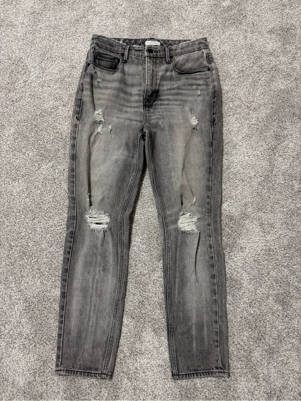 Good American Distressed Straight-Leg Jeans — Charcoal Gray Wash, Size 4/27